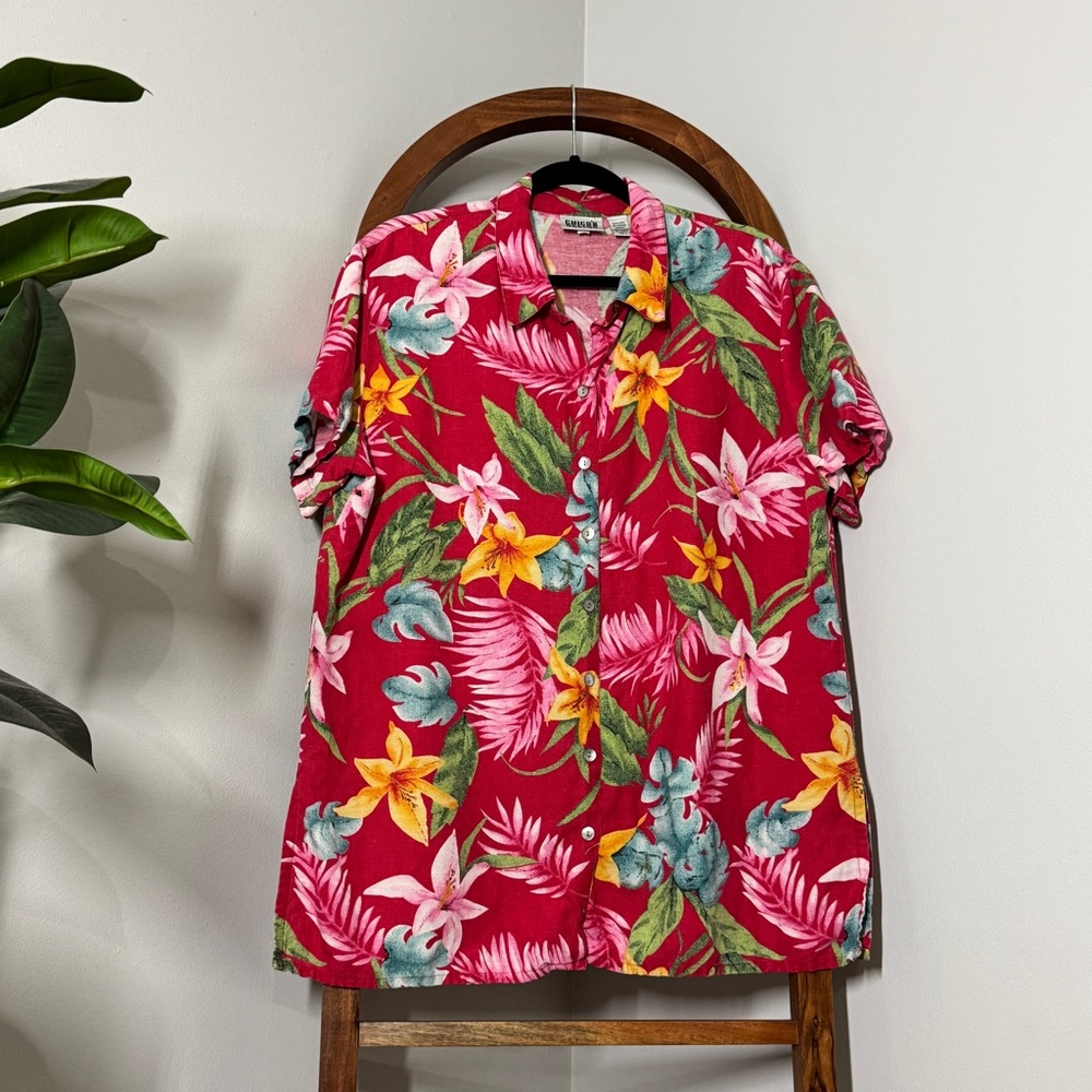Vintage Chico's XL Red Linen Tencel Short Sleeve Hawaiian Button Down Shirt